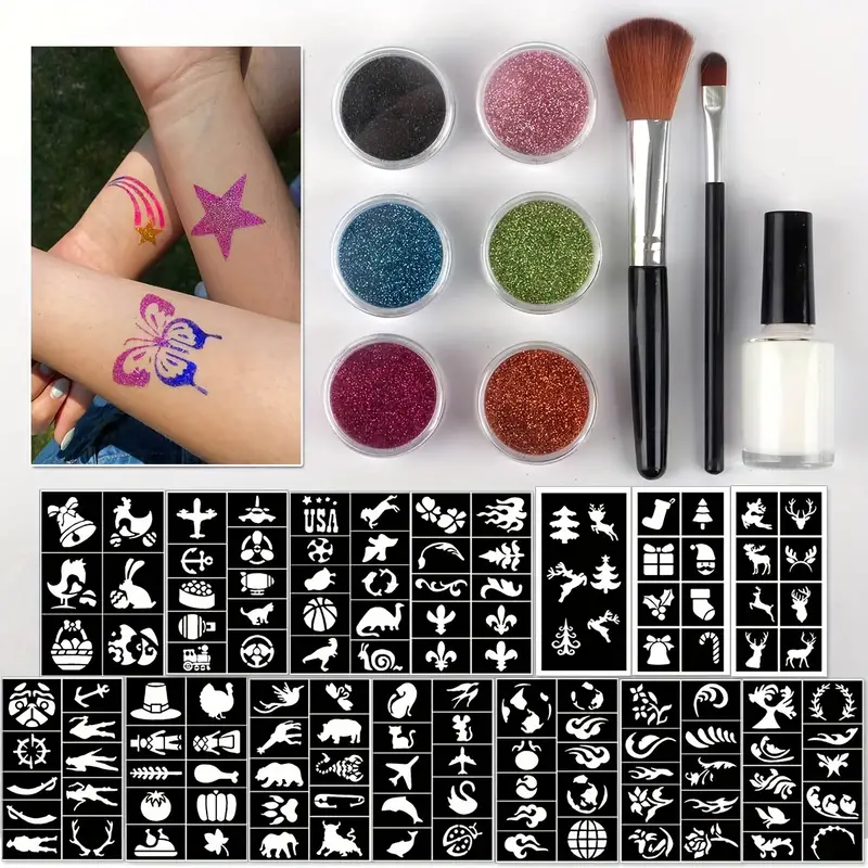 Temporary Glitter Tattoo Kit – 14 Stencils & 6 Glitters - Image 3
